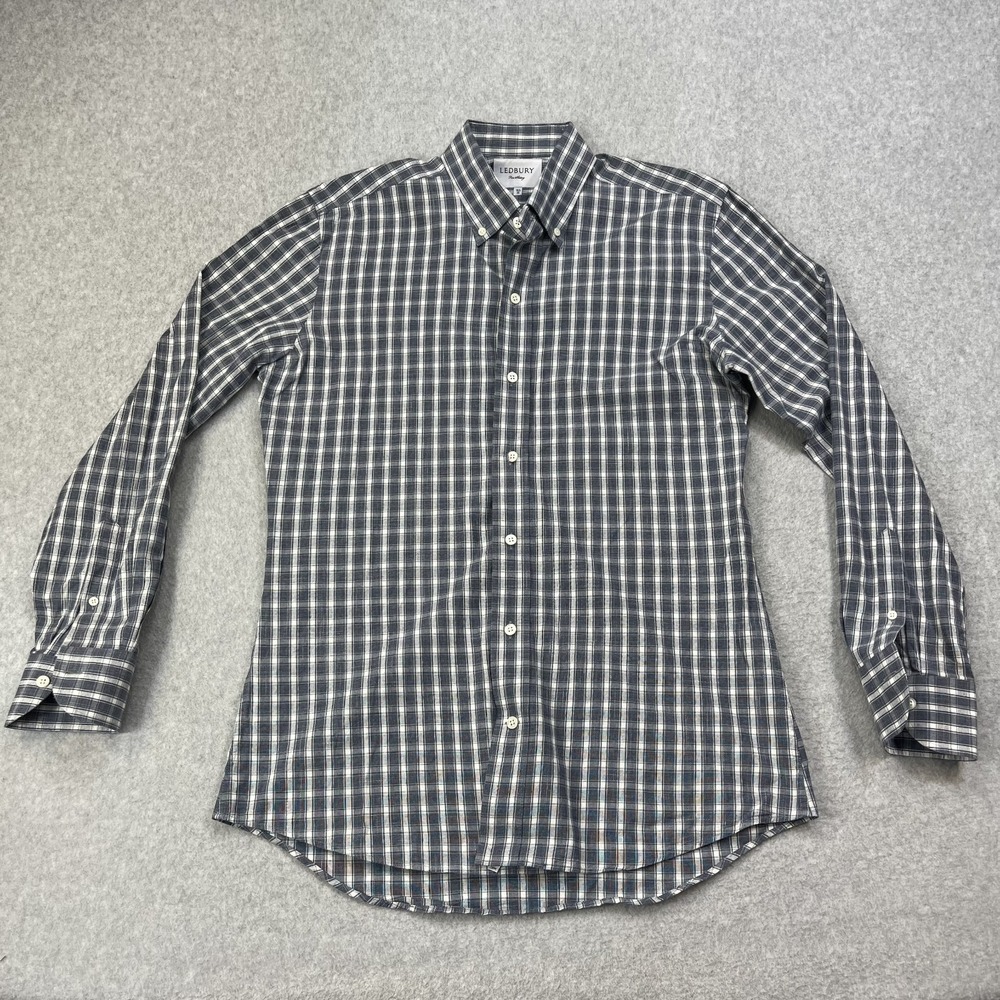 Ledbury Dress Shirt Mens 16.5 35 Check Button Down Long Sleeve Slim Fit Navy
